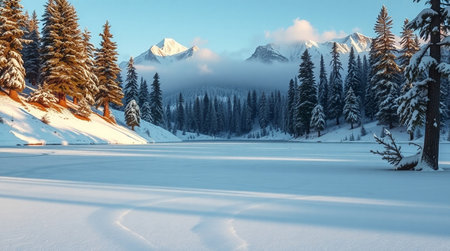 Fantastic winter landscape with frozen lake and snow covered fir treesの写真素材