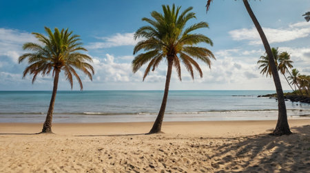Palm trees on the sandy beach in Playa de las Americas, Dominican Republicの写真素材