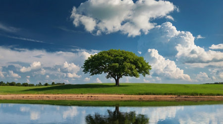 Lonely tree on green field and blue sky with white cloudsの写真素材