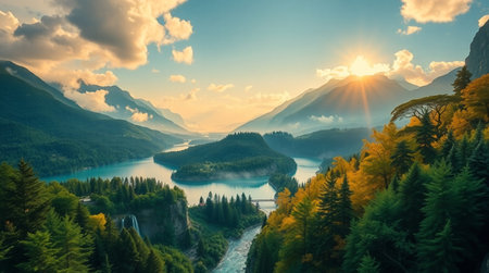 Panoramic view of the lake, mountains and forest at sunsetの写真素材