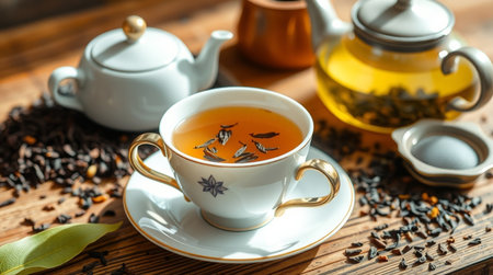Cup of green tea and teapot on wooden table, closeupの写真素材