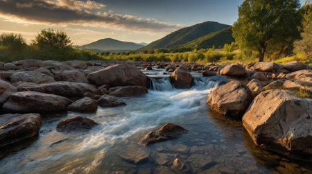 Beautiful landscape with a mountain river in the summer at sunset.の写真素材
