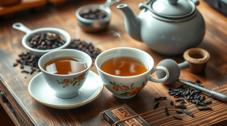Cup of tea and teapot on wooden table, closeupの写真素材