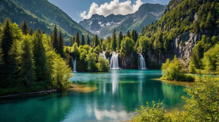 Beautiful view of alpine lake and waterfall in summer, Switzerland