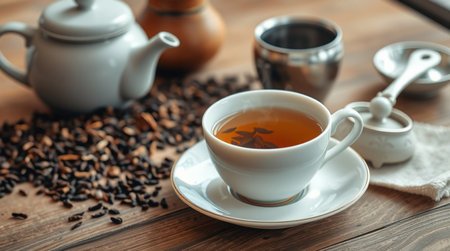 Cup of black tea and teapot on a wooden tableの写真素材