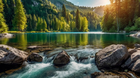 Beautiful mountain lake with crystal clear water and green forest on the backgroundの写真素材