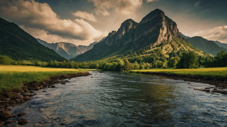 Mountain river in the Altai mountains. Panoramic viewの写真素材