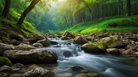 Mountain stream in the green forest. Nature composition. Panorama