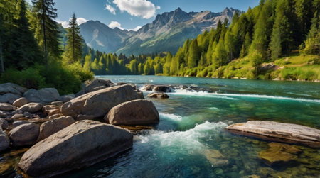 Panoramic view of a mountain river in the Swiss Alps.