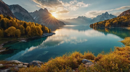 Panoramic view of mountain lake with colorful autumn forest and high peaks at sunset, Dolomites, Italyの写真素材