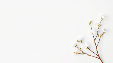 Flowers composition. Cherry blossom branch on white background. Flat lay, top view, copy spaceの写真素材