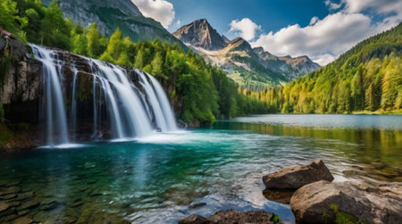 Waterfall in the mountains of the Caucasus. The concept of active and photo tourismの写真素材