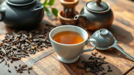 Cup of tea and teapot on wooden table, closeupの写真素材