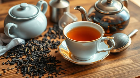 Cup of tea and teapot on wooden table, closeupの写真素材
