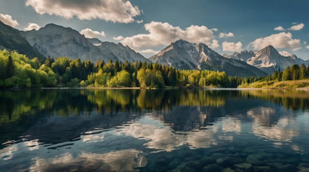 panoramic view of alpine lake with reflection of mountains in water