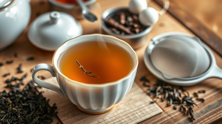 Cup of tea with teapot on wooden table, closeupの写真素材