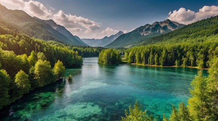 Panoramic view of turquoise water of the mountain lake in the Alps