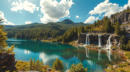 Beautiful turquoise lake with waterfalls in a mountain landscapeの写真素材