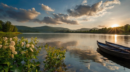 Boat on the lake in the morning, Bieszczady Mountains, Polandの写真素材