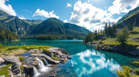 Panoramic view of beautiful turquoise lake in the mountains.の写真素材