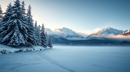 Beautiful winter landscape with frozen lake and snow-capped mountainsの写真素材