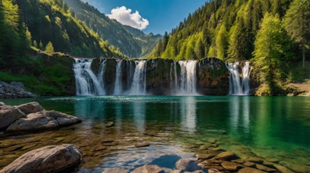Panoramic view of the beautiful waterfall in the Alps. Switzerland