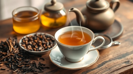 Cup of tea and teapot on wooden table, closeupの写真素材