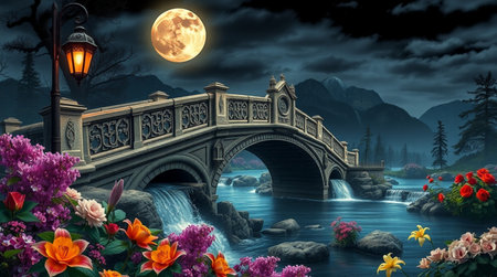 Fantasy landscape with a bridge over a river and flowers at nightの写真素材