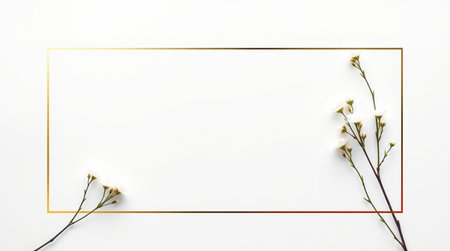 White flowers and gold frame on white background. Flat lay, top view.の写真素材