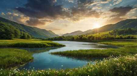 Panoramic view of the mountain river at sunset. Beautiful summer landscape.の写真素材