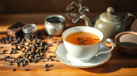 Cup of tea with teapot on wooden table, closeupの写真素材