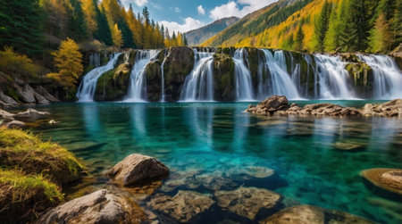 Beautiful waterfall in the autumn forest. Russia, Siberia, Altai mountains.の写真素材
