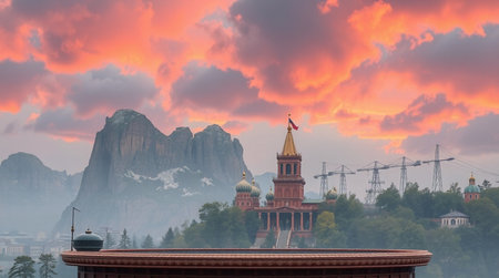 Sunset view of the Basilica of Our Lady of Mount Carmel and the Cathedral of Notre-Dame de Fourviere...