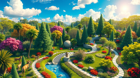 3D render of beautiful landscaping in the park with flowers.の写真素材