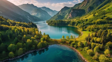 Aerial view of beautiful mountain lake in the middle of green forestの写真素材