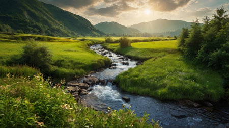Mountain landscape with a small river and green meadows at sunsetの写真素材
