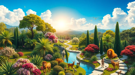 3D render of a fantasy garden with fountains and flowersの写真素材
