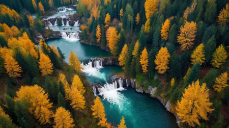 Aerial view of colorful autumn forest and waterfall. Beautiful nature landscapeの写真素材