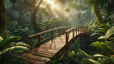 Wooden bridge in the jungle with sunlight and fog. Panoramaの写真素材