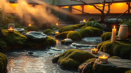 Beautiful Japanese garden decoration with burning candles, moss and stones.の写真素材