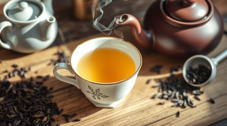Cup of tea and teapot on wooden table, closeupの写真素材