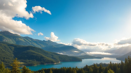 Panoramic view of emerald lake in the mountains in the morningの写真素材