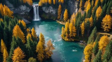 Beautiful autumn landscape with colorful forest and waterfall. Aerial view.の写真素材
