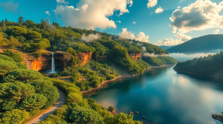 Aerial view of beautiful lake and waterfall in the forest. Beautiful summer landscapeの写真素材