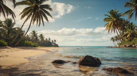 Panoramic view of beautiful tropical beach with coconut palm trees.の写真素材