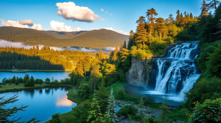 Mountain lake with a waterfall on the background of blue sky.