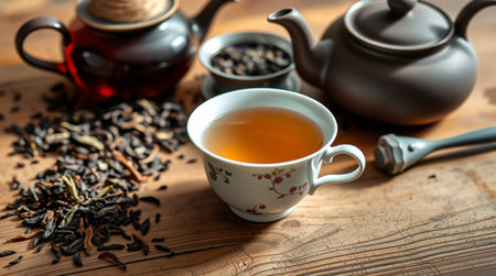 Teapot and cup of black tea on a wooden table.の写真素材