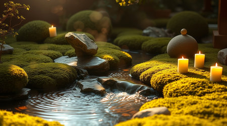 Beautiful Japanese garden with moss, stones and candles. Selective focus.の写真素材