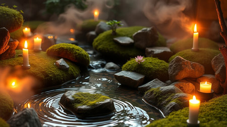 Burning candles in a decorative pond with moss and stones in the backgroundの写真素材