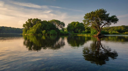 Landscape with lake and trees at sunset in the summer evening.の写真素材